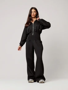 Musera Petite Black Hooded Zip Through Cinched Waist Jumpsuit Fall Autumn Winter Back To School Daily Everyday - Black - View 1