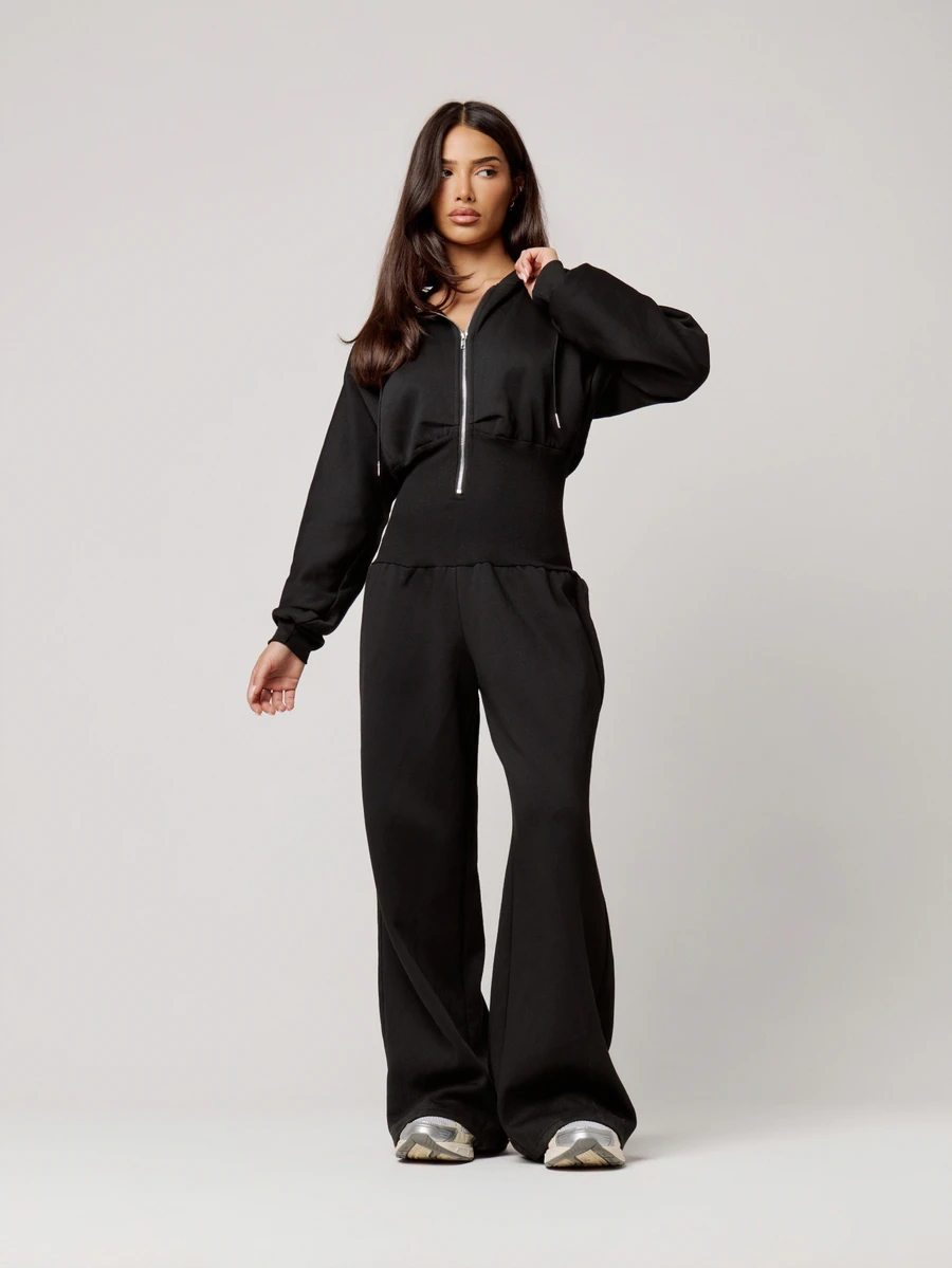 Musera Petite Black Hooded Zip Through Cinched Waist Jumpsuit Fall Autumn Winter Back To School Daily Everyday - Black - View 1