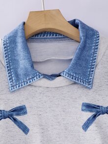 少女休閒學院風春夏/秋冬新款蝴蝶結條紋素色落肩長袖假兩件式衛衣 + 百褶條紋裙兩件套，舒適校園穿搭，開學季四季通用服飾 - 彩色 - 查看 5