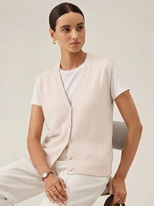 SHEIN Women's Sleeveless V-Neck Knit Vest, Beige With Pearl-Style Buttons, Soft Layering Cardigan For Workplace & Casual Daily Wear, Autumn/Winter - Beige - View 4