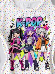 迷你多巴胺彩色波點 Y2K 時尚街頭風 K-Pop 韓系女孩賽博螢光圖案印花女款休閒舒適修身短袖 T 恤，適合日常室內穿著、疊穿、運動、外出、音樂節，美式高街甜酷女孩慵懶時尚少女風 - 彩色 - 查看 5