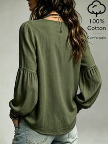 SHEIN Holidaya Cream White Washed Textured Fabric Deep V-Neck Double-Sided Multi-Pleated Shoulder Slight Petal Sleeve Patchwork Gathered Loose Lantern Mid-Sleeve A-Line Flared Blouse - Army Green - View 2