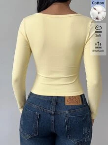 SHEIN BASICS 女款素色不對稱領長袖單排扣休閒T恤 - 淡黃色 - 查看 2