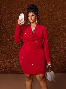 Maweii Plus Size Fitted Ruched Long Sleeve Bodycon Dress For Evening Party Cocktail Fall Red Elegant Sexy - Red - View 6
