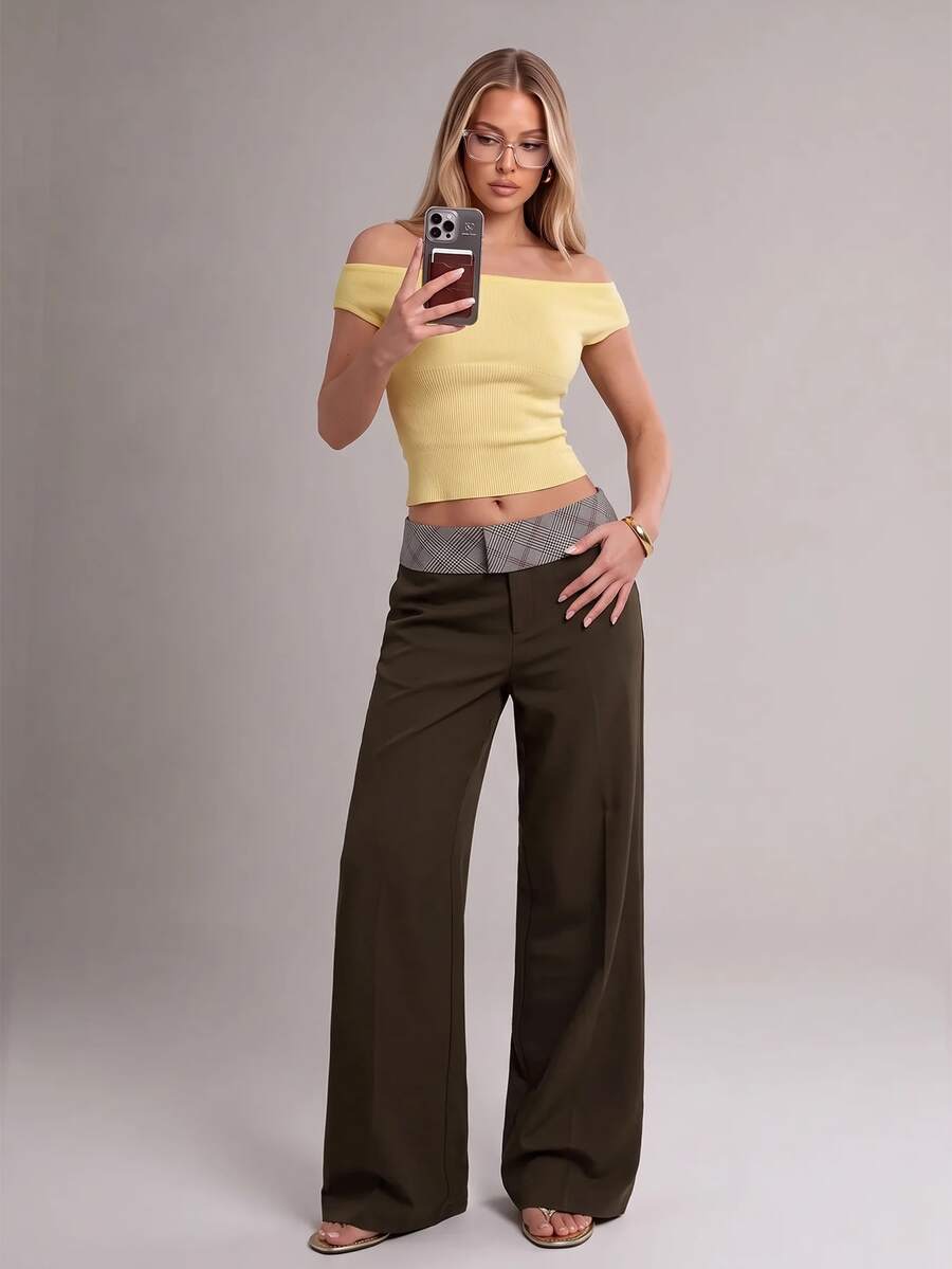 Avantive Women's Waist Patchwork Plaid Wide Leg Loose Long Pants - Coffee Brown - View 1