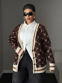 Maweii Plus Size Women's Letter Stripe Long Sleeve Single-Breasted Knit Cardigan - Coffee Brown - View 4