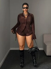 Maweii Sexy Slim Fit Waist-Cinching Top And High-Waist Drawstring Mini Shorts, Plus Size Brown 2 Pieces Set - Coffee Brown - View 3