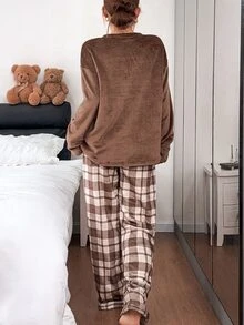 Napfluff Cute Bear Decor Soft Plush Comfortable Home Pajama Set, Soft Girl Style Pattern Long Pants Sleepwear - Brown - View 2