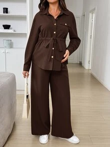 SHEIN 孕婦純色長袖腰部綁帶上衣與可調節腰圍長褲優雅兩件套秋季 - 棕色 - 查看 3