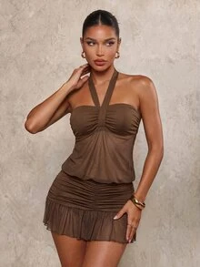 Glamine SHEIN Glamour Dress Cover-up Wanita Warna Polos dengan Lipit dan Kelim Ruffle, Kerah Halter, Cokelat Cokelat, Seksi Tropis Musim Panas untuk Liburan Klub - Coklat - View 6
