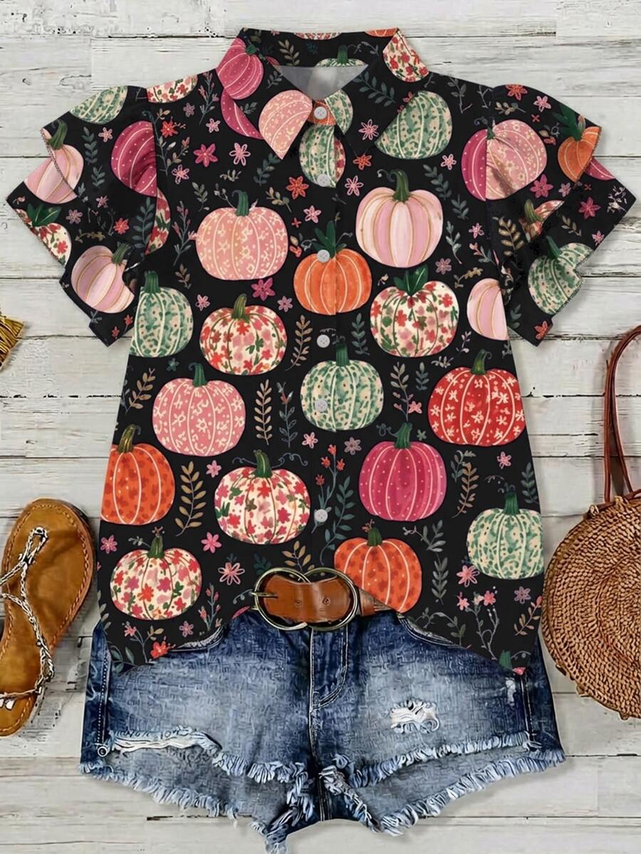 Mellowie Plus Size Women's Pumpkin Plant Pattern Ruffle Short Sleeve Single-Breasted Shirt - Black - View 1