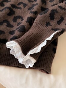 Story & Sage Women's Street Fashion Lace Patchwork Leopard Print Jacquard Sweater - Multicolor - View 4