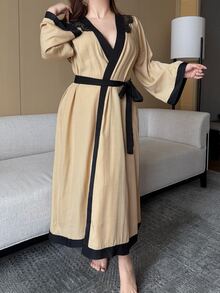 Dazy Plus Contrast Lace Tie Loose Elegant Loungewear Robe - Yellow - View 6