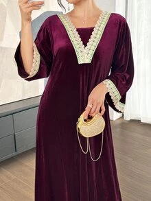 Al Najma Solid Color Velvet V-Neck Embroidered Lace Trim 2 In 1 Loose Fit Flattering Full Skirt Elegant Women's Party Dress - Red Violet - View 5