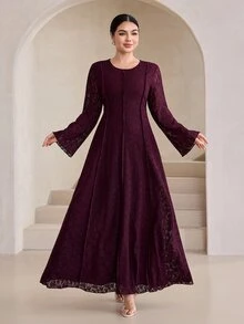 Graceveil Deep Purple Lace Waist-Cinching Round Neck Bell Sleeve Middle Eastern Muslim Arabian Dress - Red Violet - View 5