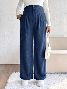 SHEIN 孕婦純色百褶寬腿鬆身長褲休閒款 - 藍色 - 查看 4