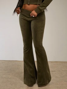 SHEIN BAE Women's Letter Embroidered Fashion Flare Pants - Olive Green - View 1