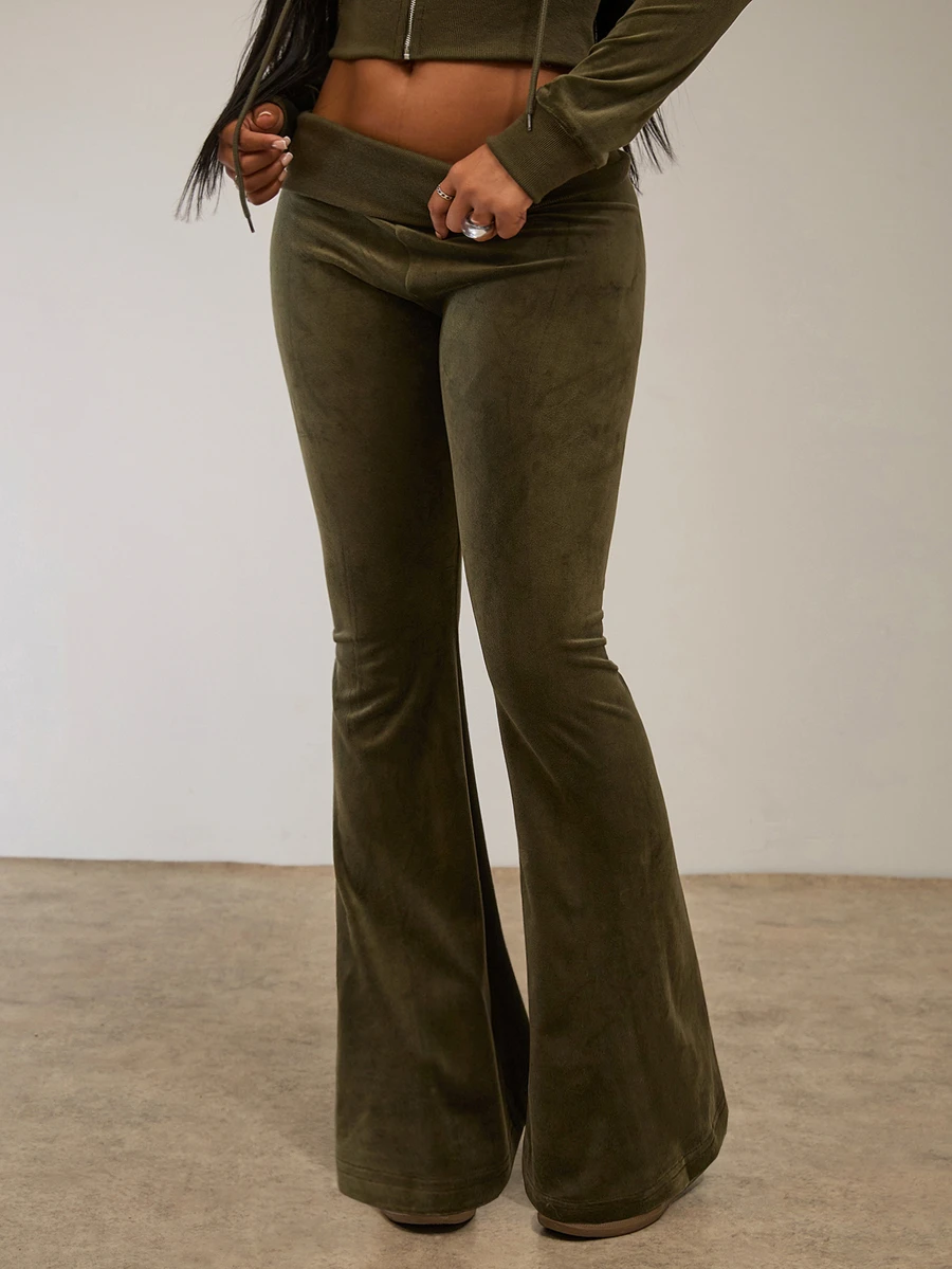 SHEIN BAE Women's Letter Embroidered Fashion Flare Pants - Olive Green - View 1