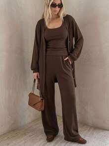 DAZY Women's 3 Pieces Knit Set Loose Cardigan, Camisole Top And Long Pants Casual Outfit - Brown - View 6