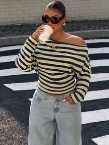Muchica Plus Size Women's Striped Asymmetric Shoulder Casual Everyday T-Shirt - Multicolor - View 4