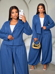 SOLERSUN Plus Size Elegant Button Long Sleeve Jacket And Loose Pleated Cuffed Pants Suit Set - Navy Blue - View 3