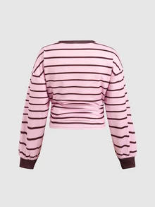 SHEIN 青少年女孩秋冬款簡約條紋印花套頭上衣百搭上衣 - 彩色 - 查看 3