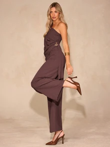 Enchnt Women's Solid Color One-Shoulder Top And Long Pants Casual Daily Set - Brown - View 5