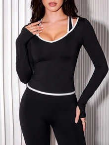 Slayform Slayform Women's Trim Long Sleeve Daily Fitness Halter Neck Sports T-Shirt - Black and White - View 4