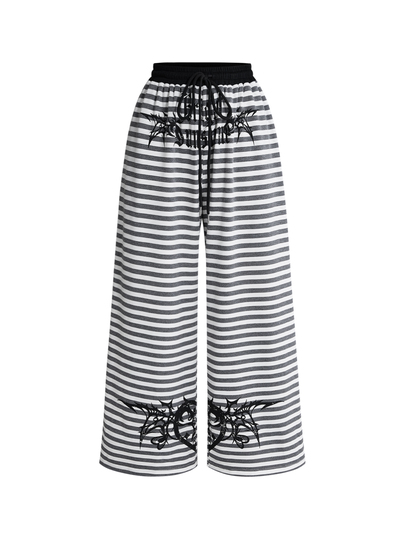 ROMWE Grunge Punk Women's Striped Long Pants With Color Block Punk Knit Street Style Elastic Drawstring Vintage Gothic Text Print Heart Goth Punk