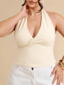 SHEIN BAE CURVE 純色極簡性感V領掛脖蝴蝶結肩帶百搭背心上衣，適合派對、度假、約會 - 杏色 - 查看 7