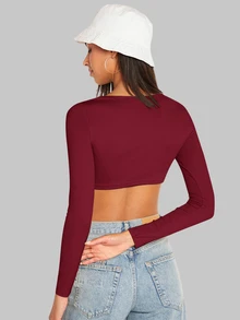SHEIN BASICS 女款純色圓領長袖短版修身T恤上衣 白色上衣 - 酒紅色 - 查看 2
