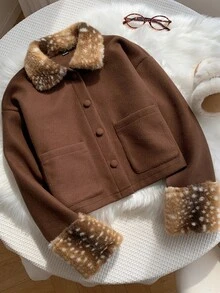 Comfortcana Women's Vintage Faux Fur Patchwork Cuff Button Jacket - Brown - View 6
