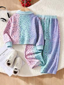 Young Girl Fashion Casual Leopard Print Horse Riding Print Lapel V-Neck Long Sleeve Sweatshirt & Leopard Print Wide Leg Pants Set, Soft Fabric, Suitable For Outings, Back To School, Autumn/Winter - Multicolor - View 2