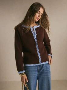Poéselle Women's Contrast Color Long Sleeve Knit Cardigan, New Autumn/Winter Style - Coffee Brown - View 7