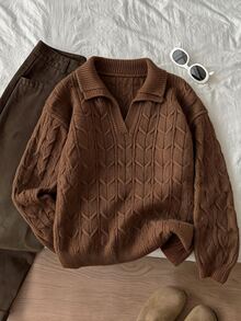 FavEase Women's Autumn/Winter Casual Youthful College Style Turn-Down Collar Ribbed Twisted Rope Knit Sweater - Brown - View 5