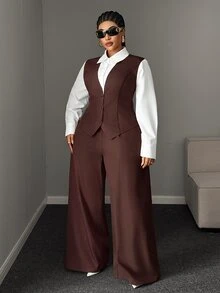 Maweii Plus Size Brown Casual Slim Fit Blazer & High Waist Long Wide Leg Pants Contrast Color Suit Set - Brown - View 5