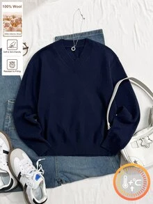 SHEIN Tween Girls Striped Colorblock Cable Knit V-Neck Lantern Sleeve Oversized Pullover Sweater, Suitable For Autumn/Winter And Outdoor Wear - Navy Blue - View 3