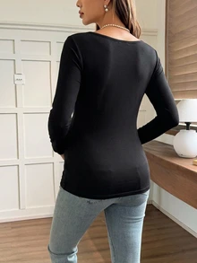 Dazy Maternity Solid Color Fitted Ruched Long Sleeve Casual Daily Vacation Spring Autumn Maternity T-Shirt - Black - View 2
