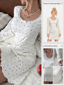 CottageSlumber Women's Lace Trim Fashion Minimalist Heart Print Long Sleeve Nightgown - Beige - View 8