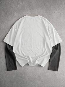 ROMWE MEN Street Life Teen Boy Dark Fashion Skull Graphic Print Patchwork Long Sleeve T-Shirt - White - View 2