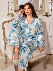 MuseNap CURVE Elegant Premium Champagne Velvet Printed Exquisite Button Long Sleeve Long Pants Plus Size Pajama Set - Blue - View 1