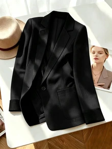 GlowEve CURVE Blazer Ukuran Besar Elegan dengan Kerah Pas Badan, Jaket Bisnis Kasual Blok Warna Kancing Tunggal, Musim Gugur/Dingin - Hitam - View 1