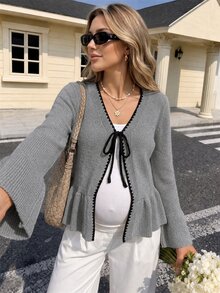 SHEIN 孕婦花苞飾邊前綁帶喇叭袖針織開襟衫 - 灰色 - 查看 7