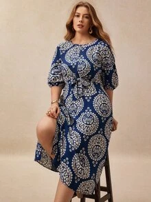 Écloséra Curve 大尺碼女款新款時尚印花燈籠短袖腰部扭結長洋裝 - 藏蓝色 - 查看 6