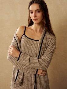 MOTF PREMIUM WOMEN'S COLORBLOCK CAMISOLE TOP, LONG SLEEVE CARDIGAN AND PANTS CASUAL DAILY HOME SLEEPWEAR SET - Coffee Brown - View 5