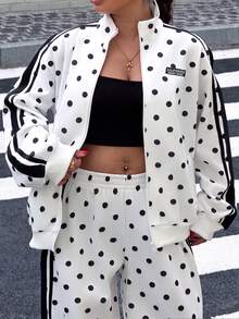 Muchica Pakaian Kasual Sehari-hari untuk Wanita Ukuran Besar dengan Jaket Lengan Panjang dan Celana Motif Polkadot - Hitam dan Putih - View 5
