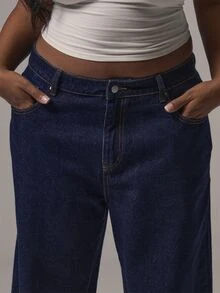 MUSERA Celana Capri Denim Biru Pinggang Sedang Potongan Lurus dengan Lipatan di Bagian Bawah Kasual Keren Dasar Musim Gugur Musim Dingin - Biru - View 3