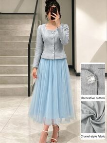Modelyn Rhinestone Square Buckle Short Jacket Slimming Layered High Waist Chiffon Long Skirt Light Blue Gentle Style Women's 2 Pieces Set - Blue - View 5