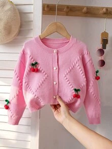 SHEIN Playful Pals 4-8歲女童3D櫻桃裝飾圓領針織心形鈕扣開襟衫，柔軟泡泡菱格長袖毛衣，兒童日常出遊拍照春秋冬外套 - 粉色 - 查看 1