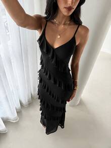 Aloruh Women's Spring/Summer Bohemian Ruffle Trim Slim Fit Dress - Black - View 6